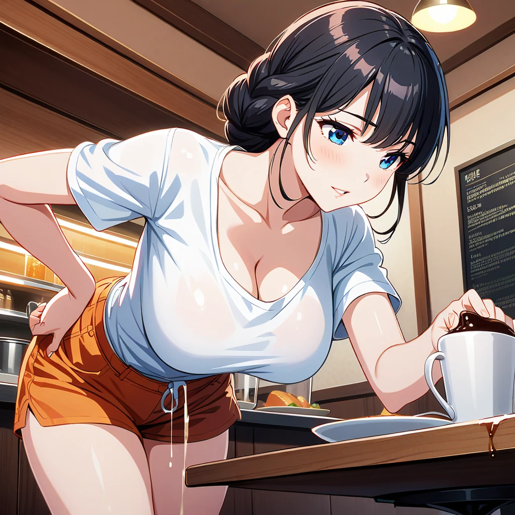 This is the changing room of a Japanese pool.、A woman in underwear changing clothes in the locker room、She wears shameless black big underwear、Sexy underwear that shows pubic hair、R-18 、erotic manga、erotic illustration、adult doujinshi、They have pubic hair growing on their thighs.、underhair、A woman with a good amount of flesh、Short dark blue loose lob hair、huge tit、爆乳、超huge tit、Super burst breasts、Too big milk、Pubic hair is sticking out from the hem of the panties、Pubic hair that doesn't fit in panties、Underhair that sticks out、Full Cup Bra、