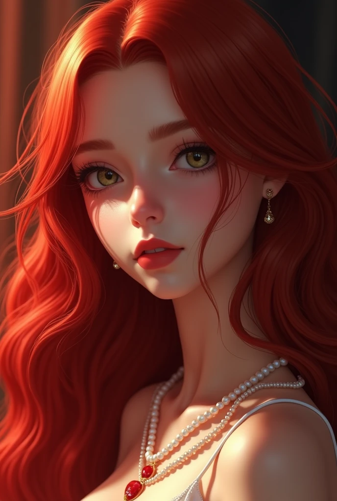 a beautiful woman with long red hair, detailed makeup and red lipstick, cleavage, looking at the viewer, (best quality,4k,8k,highres,masterpiece:1.2),ultra-detailed,(realistic,photorealistic,photo-realistic:1.37),studio lighting,vivid colors,bokeh,cinematic portrait,cinematic,dramatic lighting,warm color tones,high contrast,artist signature