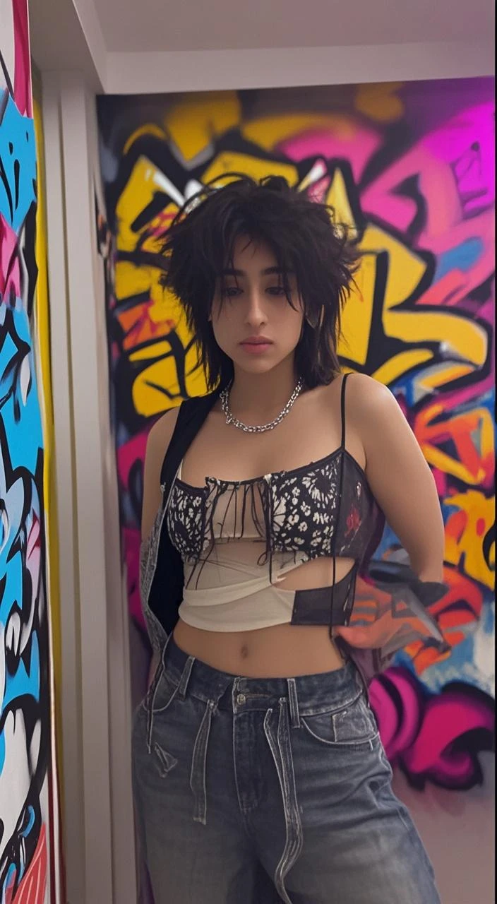 "A charismatic androgynous tomboy, embodying the LGBTQIA+ queercore movement, exudes confidence as they passionately rap battle on a stage, oozing with attitude and dripping in style."