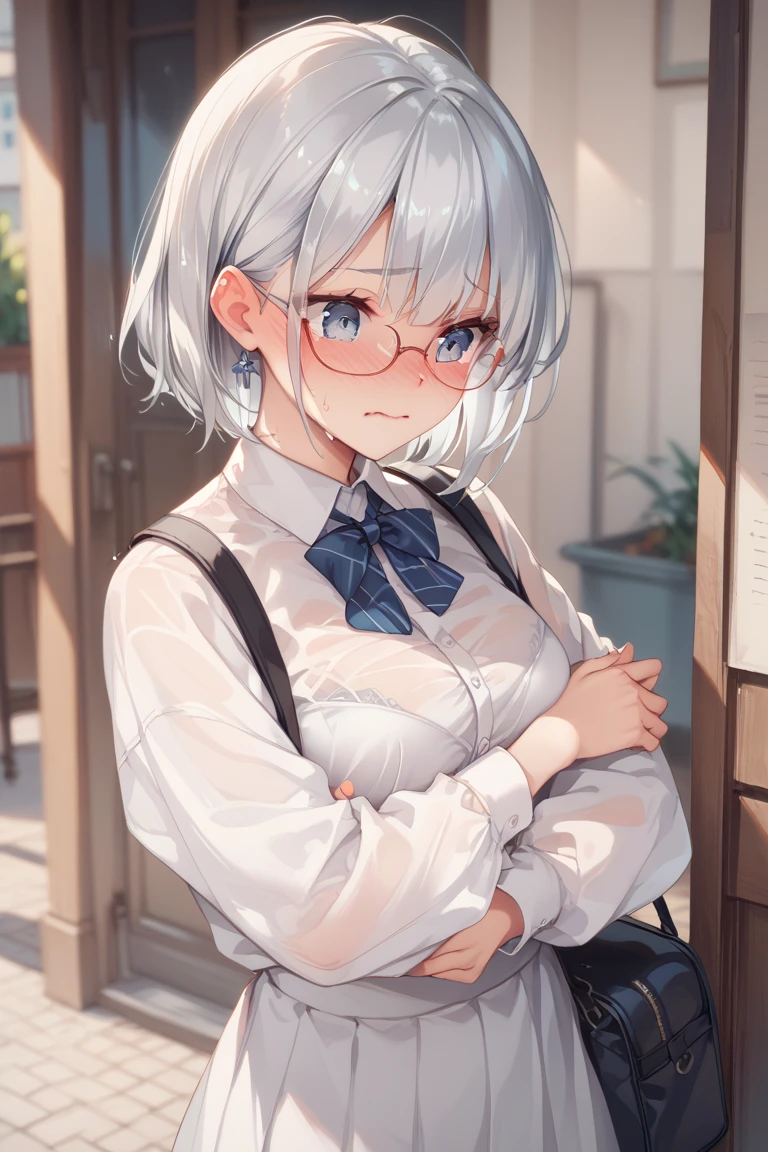 (close-up:1.3), from above, 1girl, mature, wet white shirt, black skirt, black tie, arms behind back, looks at viewer, emotionless, horny, grey hair, grey eye, glasses, exhibitionism, (slim:0.9), (big tits:0.9), (nipples:0.6), rain, bushes, trees, nsfw, chromatic abberation, wet skin, maniac, horror, dinamic light, dinamic shadows, windy