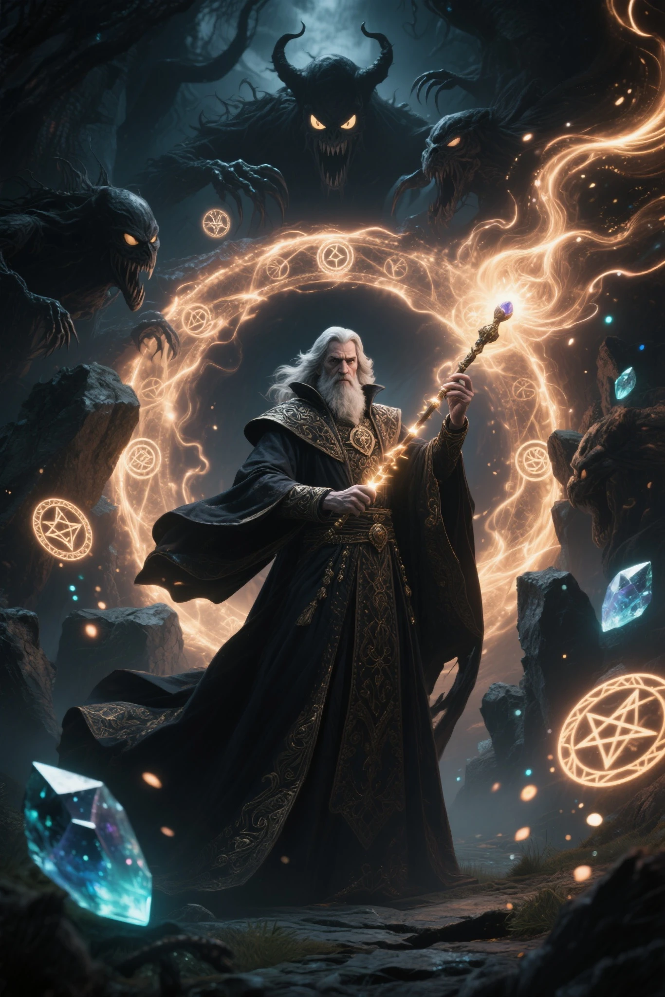 A middle aged man that's a bard playing a violin that has a icy aura from it as he plays it fighting a giant lich monster and it's banshee minions.