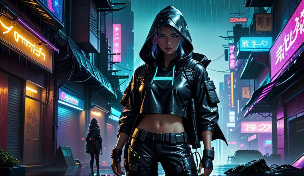 at night. futuristic railway station, neon-themed artwork with vibrant purple and blue colors, intense neon lights illuminating the entire scene, a dense layer of mist creating a dreamy atmosphere, a captivating and mesmerizing background with intricate details, a gaming-inspired theme with RGB lighting effects. (((1girl, solo, alone))), female assassin, large-breast:1.4 slim:0.8 body, medium hair, cleavage:1.1, sexy micro laced lingerie, (black sunglasses), (((((she raised a pistol:1.8 and shot the viewer))))), standing pose, ((half-body thigh:0.95 level medium shot)), cinematic lighting, lens flare, ray tracing.