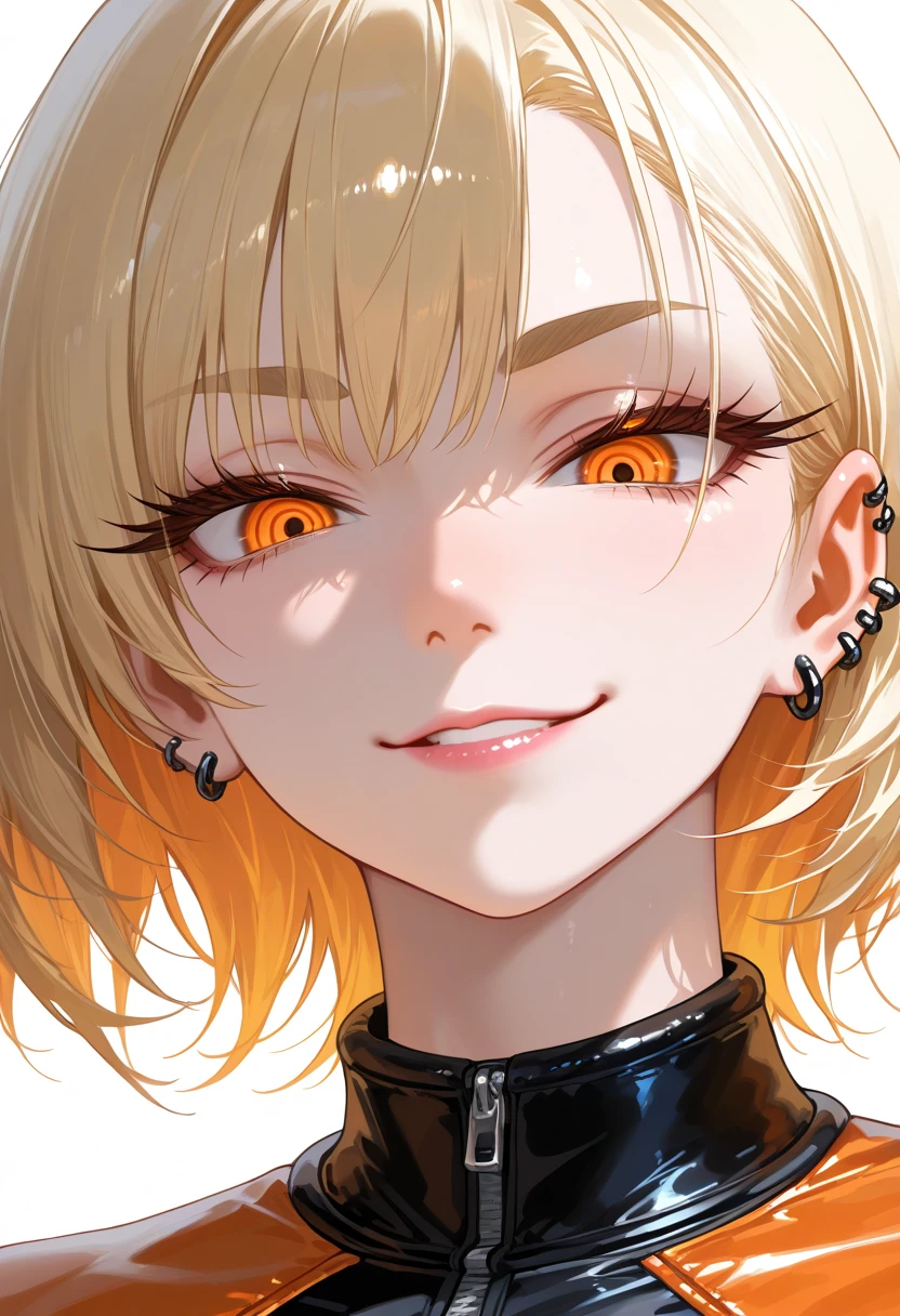 (Best quality, 8k, 32k, Masterpiece, UHD,:1.2),RAW, 1girl,ultra cute , natural lighting,transparent shining eyes, 20yo ,fair complexion, (vulgarity:0.8), (fucked silly:0.8),,(trembling:1.3)),((leather jacket, short pants,)),,White Background, large breast, From above, face Closeup, Cleavage