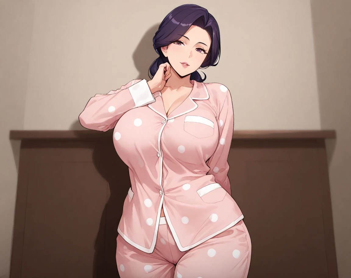 (solo) female , black short hair, woman, (big breasts:1.5), attractive, goth, body pajamas, fit body, thicc, freckles, freckles on face, smug eyes, (happy expression), she is standing look to the viewer , violet background, simple background, thick thighs (((back view)))