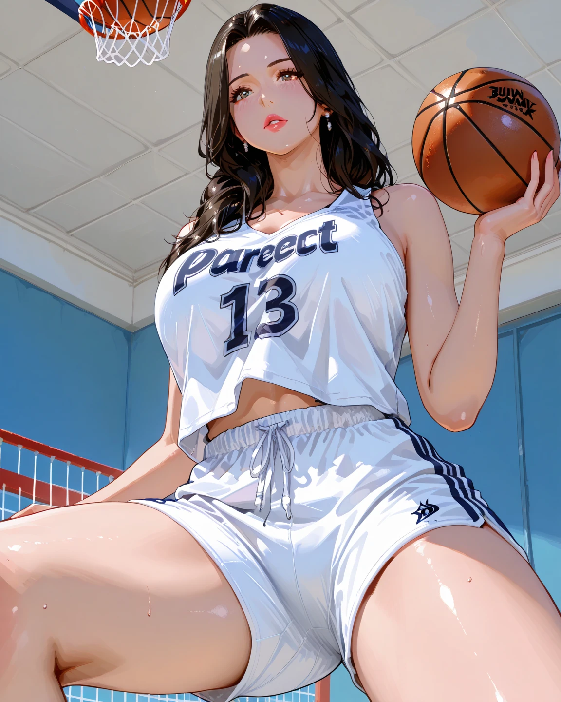Masterpiece: 1.2, best quality), realistic, (real picture, rich details details, depth of field), (1girl, solo), makeup, cleft lip, high detail, perfect face shape, (big breasts: 1.4), (skindentation), thick thighs, wide buttocks, Thin waist, tall, coral, red lips, red eyes, ponytail, (((((basketball girl, transparent black basketball suit)))), (sweat: 1.2), (wet), sexy, blushing, sweaty