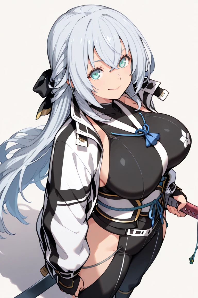 NSFW, Top-quality, Super high resolution, Masterpiece, Highres, 8k, UHD, Detailed lighting, Shaders, Realism, Anime screencap, Anime coloring, kawakaze, 1girl, solo, (Breast squeeze, Breast out, Big breast, Voluptuous, Plump, Chubby:1.5), Thick thighs, Big ass, Cleavage, The most beautiful silver hair in the world, Long hair, Hair between eyes, Bangs, Animal ears, Fox ears, Ahoge, Light blue eyes, Eyes are glowing, Beautiful eyes, Eyelashes, Beautiful eyes, Japanese clothes, Shrine maiden clothes, (Skirt, Black skirt, Pleated skirt, Thighhighs, Black thighhighs, Detached sleeves, Wide sleeves, Long sleeves, Ribbon-trimmed sleeves, Ribbon trim, Sailor collar, Black sailor collar, Collarbone, Neckerchief:1.2), Zettai ryouiki, White and beautiful shiny skin, The ultimate beautiful girl at 20years old, Ultimate beautiful girl, Ultimate beautiful face, Proportioned face, Lips, Parted lips, Cowboy shot, Fullbody, Looking at viewer, (Blue sky, On the sea, Natural background, Sunlight, Expressionless:1.2), (From above, Close-up:1.5)