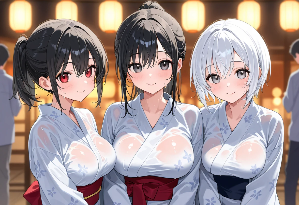 mastute piece,Best Quality,insanely detailed,8k cg,nsfw,
3girls,triplets,3girls line up in a row and kneel on the ground,3girls look up front,(3girls same transparent white vinyl kimono,wet white kimono,breast out,no bra,bare breast), blush,shy,3girls pink hear,perfect breasts,perfect nipples,open mouth,ecstasy face,Japanese room,