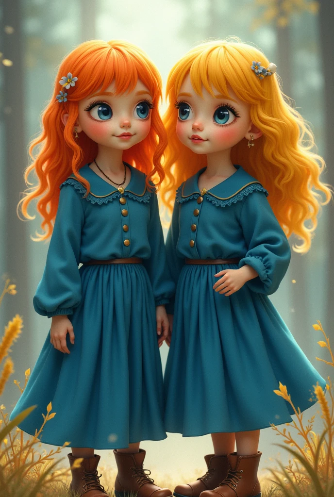 10 years old girl REDHEAD, golden eyes, platinum hair girl, pearl brooch in hair, YELLOW BACKGROUND.