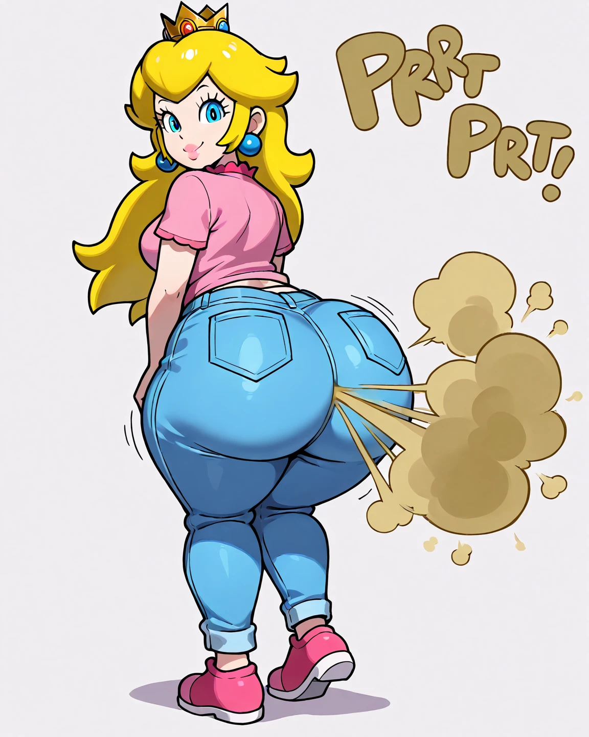 Frilly socks, white and blue socks, Pants pulled down to ankles, pajama pants, unbuttoned night shirt, Latex yoga pants, labia, vulva, vagina, hands on knees, big ass, full body visible, finger in pussy, vulva stretching to accommodate finger, ass toward camera, wide hips, toned body, prostitute, whorish, (detailed fingers), cleavage, ass, areola, nipple, female super Mario, 	•	Bust: Full and prominent, often larger in proportion to the rest of her body.
	•	Waist: Narrow and well-defined, accentuating the curves of her bust and hips.
	•	Hips: Wide and rounded, contributing to an hourglass figure.
	•	Thighs: Full and shapely, complementing her overall curvaceous form.
	•	Skin: Smooth and often radiant, suggesting a healthy glow.
	•	Hair: Can vary in style, length, and color, but often appears thick and healthy, adding to her overall allure.
	•	Face: Features might include high cheekbones, full lips, and expressive eyes, which add to her attractiveness and charm.