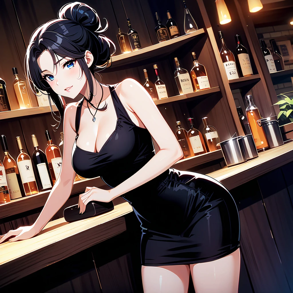 A tall and beautiful woman with a confident expression, showing her thighs and shoulders, big breasts, short hair, wearing a black sweater with exposed breasts, black stockings, in a bar with flashing neon lights, leaning on the bar, smiling, ruddy, sitting on a chair.