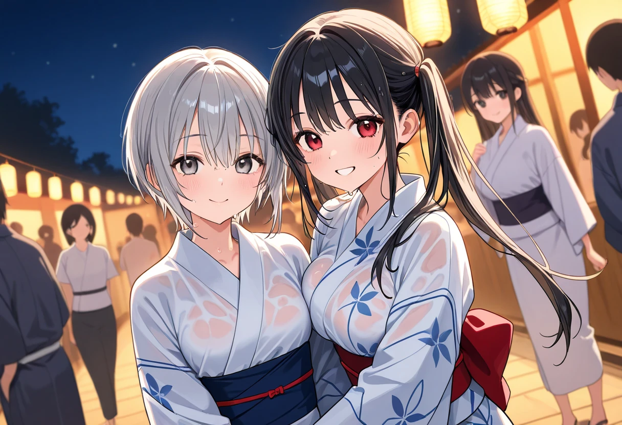 Two women hugging,Japanese clothing,Bar district,Unbuttoned,I'm drunk,Midnight,Adult atmosphere,Change of clothes,Enchanted