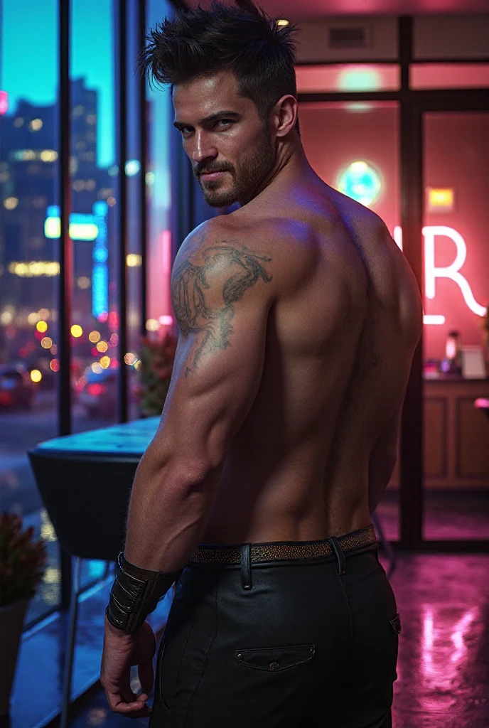 cyberpunk, night, dark, neon lights. city, dystopian future, sci-fi, (8k), (best quality), (masterpiece:1.2), (realistic), (photorealistic:1.0), ultra-detailed, 1 boy,18 yaers old, naked, showing cock, naked , 24 cm ,huge cock , full body, wearing tanktop, casually showing , short hair,
