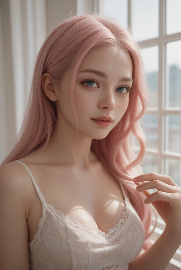 there is a woman in a dress standing in a room, sexy dress, cute dress, wearing a dress, romantic dress, summer dress, wearing a cute white dress, wearing in a summer dress, in a dress, wearing a white dress, lovely and adorable, open v chest clothes, pretty white dress, wearing a dress, opened dress, light half opened dress, white dress, busty, pink hair with blond roots, green eyes, whole body, cute, mischievous smile on her face. hyperrealistic, 4k