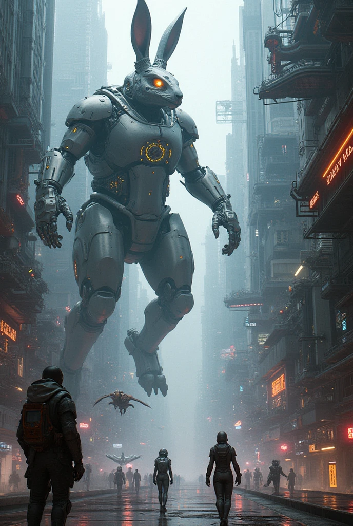 A MECHANIZED CITY WITH MAMMOTH RABBITS PHEONIXES EAGLES AND HUMANS WITH ...