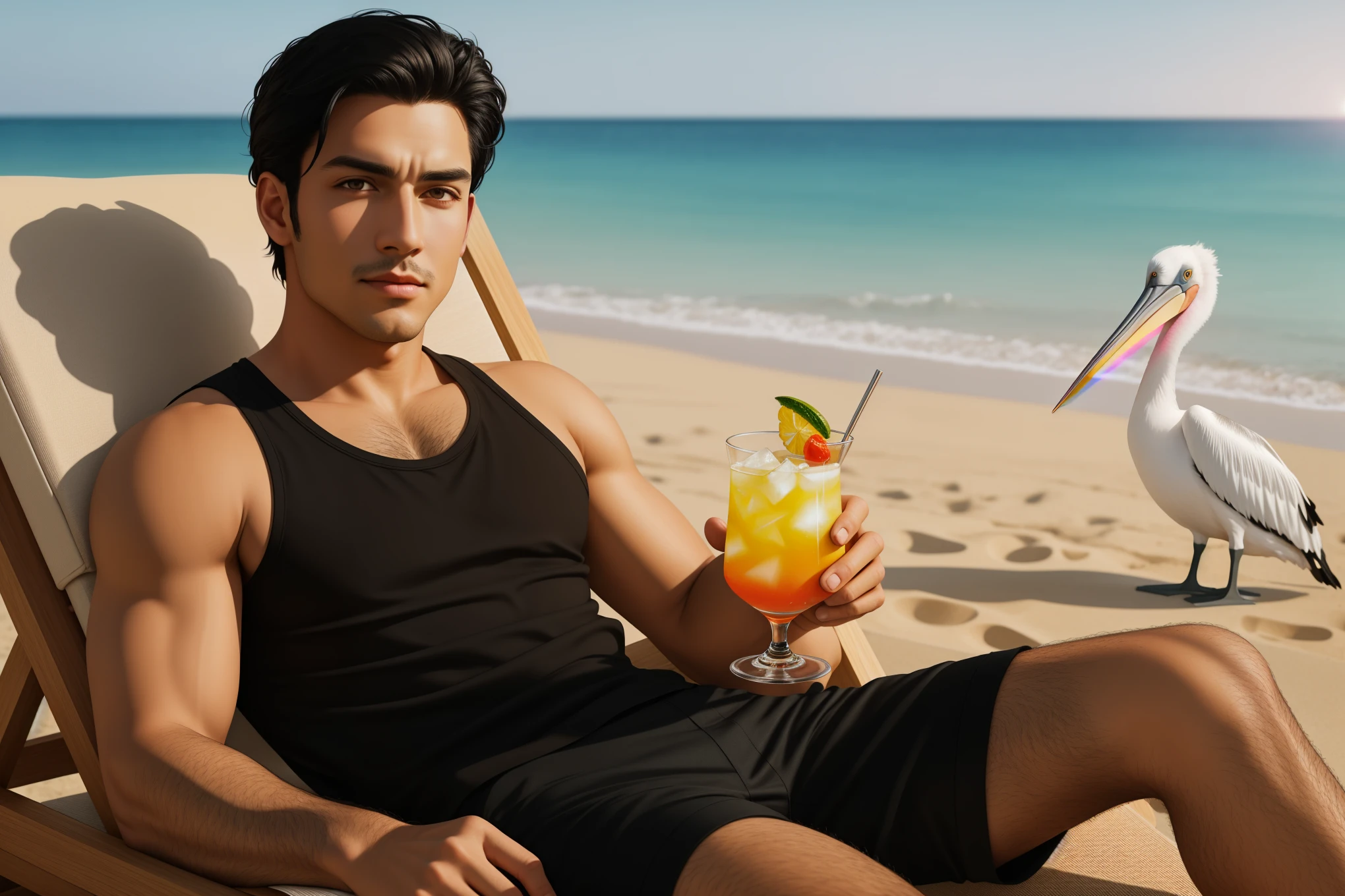 Muscular male Sett from league of legends sitting on the sand of the beach drinking bubble tea