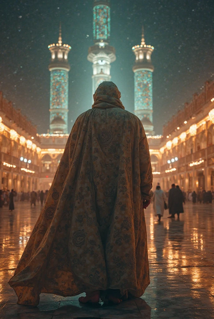 muslim man walking down a street past a mosque with a green dome, cinematic matte illustration, detailed digital concept art, game illustration, detailed cinematic render, stylized concept art, middle eastern details, night, million of starts, moon