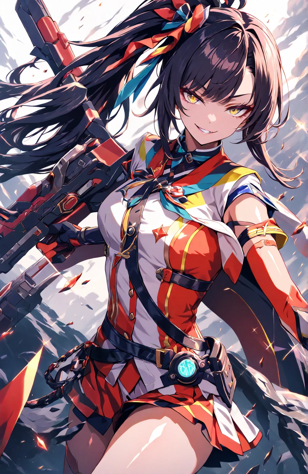 8k,Vibrant beauty,Very delicate and beautiful,Beautiful and realistic skin,Black Hair、Long and colorful hair,Beautiful Eyes,good,Plains、blue sky、army、tank、battle、uniform、whole body、Slender body