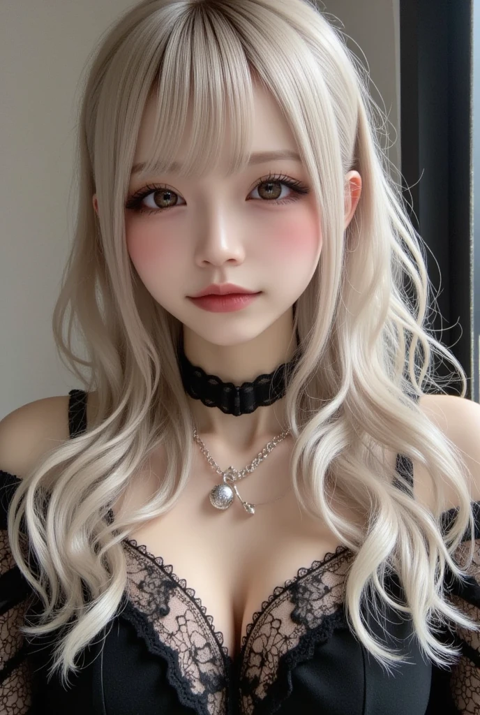 (Thin eyebrows)、(((((Closed Mouth)))))、((Very strong sunshine))、((((Beautiful silver hair))))、((Small Head))、(Beautiful silver hair with short wavy:1.2)、Full Body Shot、(((8K, RAW Photos)))、 (((The face is cosplayer Enako))),(Shot from above in high-definition 8K)、(Very delicate and beautiful)、(masterpiece)、(highest quality:1.0)、(超A high resolution:1.0)、Realistic Shadows、[High resolution]、 Fine skin、Ultra-detailed、(Beautiful Hair)、Photorealistic、Lifelike face、Big breasts, small waist、Realistic eyes、Small eyes、(((Between the breasts)))、(eyeliner)、(mascara)、 Lips with pink lips、((Looks very happy))、Show your shoulders、Complex patterns and transparent materials、Artistic depiction of a fascinating woman, Accentuates an attractive silhouette。The scene is、、sunbathing under the hot sun、It brings out the delicate beauty and charm of nature.。(((Intricate details))、Advanced Details、choker、NSFW,((highest quality、8K、masterpiece:1.3))、Sharp focus:1.2、 (((Red, black and silver patent leather corset)))、(Shine)