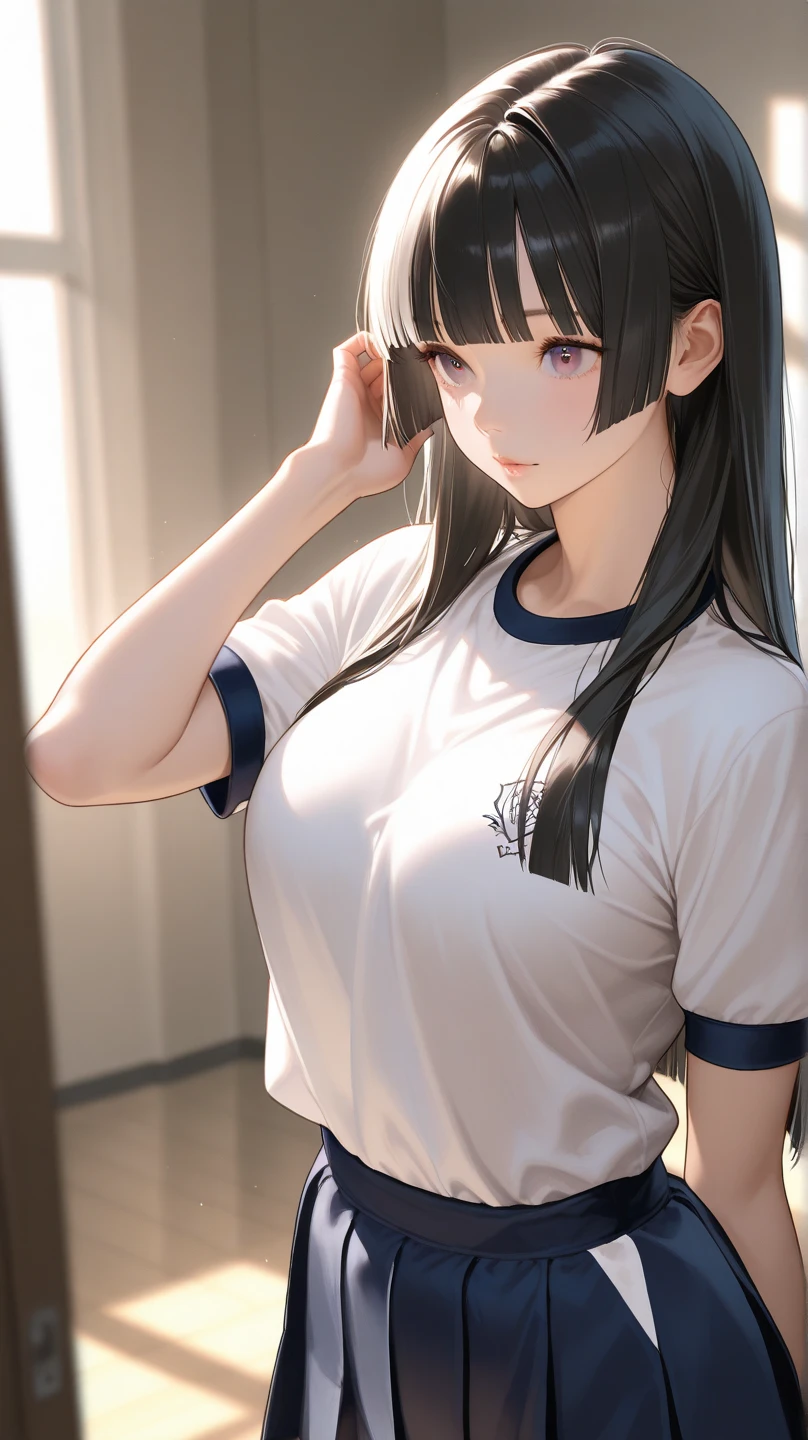1 Girl, solo, Blurred Background, (((Small breasts))), Thighs, (Stripe underwear), T-Shirts,