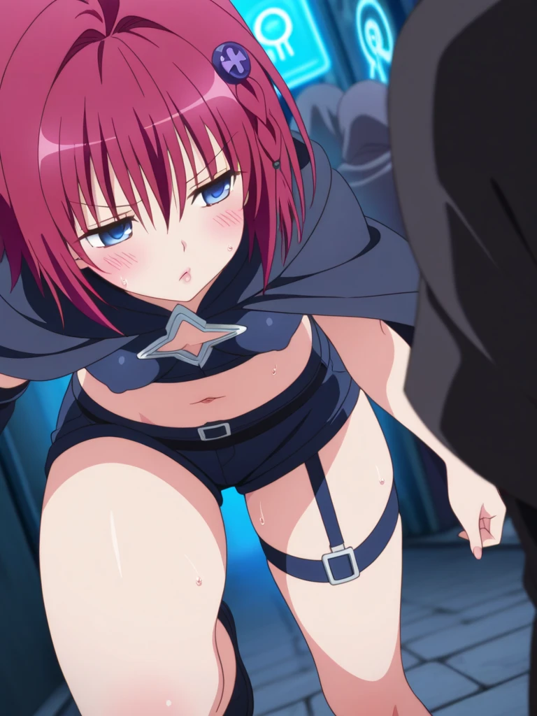 masterpiece, Highest quality,High resolution,Dorothy, Pink Hair、Red Eye、Large pupil、Braid, One side of the dress is torn at the chest、Dust cloud、tits、Nipples fully visible、receive damage from an attack、anime、((Battle scene in the ruins))、blush