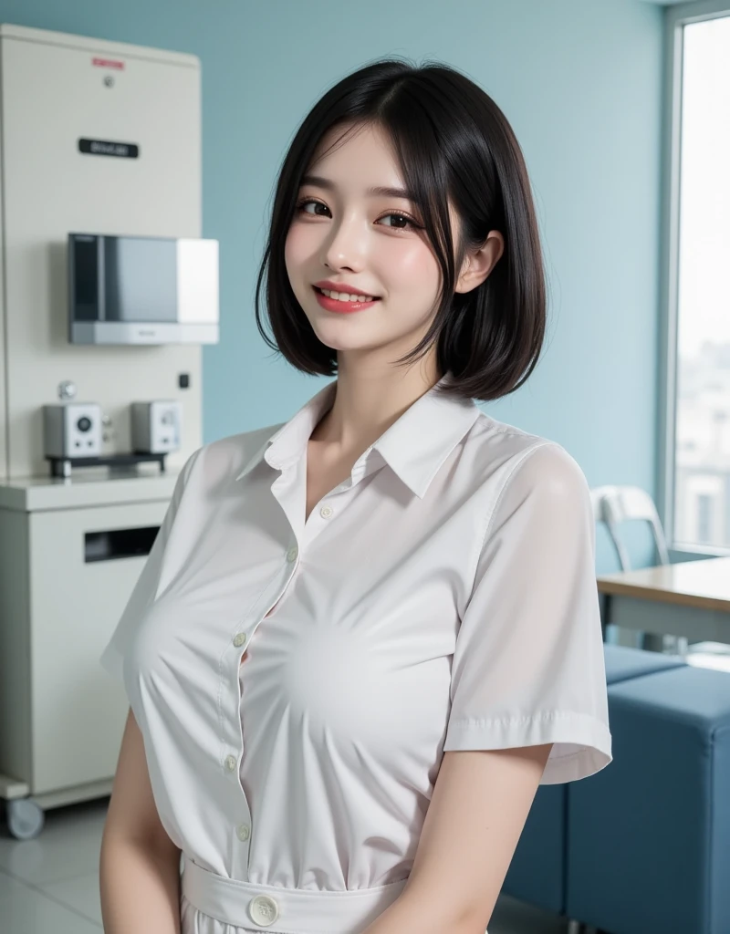 tmasterpiece,(actual), High detail CG unified 8K wallpaper, (Head office skin:1.2),8k ultra high definition, SLR camera, high high quality, ((1 plump girl, 25 age old, a skirt, ssmile, Sit near the classroom window, The figure is very thin,Medium and short hair, indoor)), 黑The eye, beautidful eyes, (dermis), Beautiful skins, Attractive, 超高分辨率, Surreal,k hd