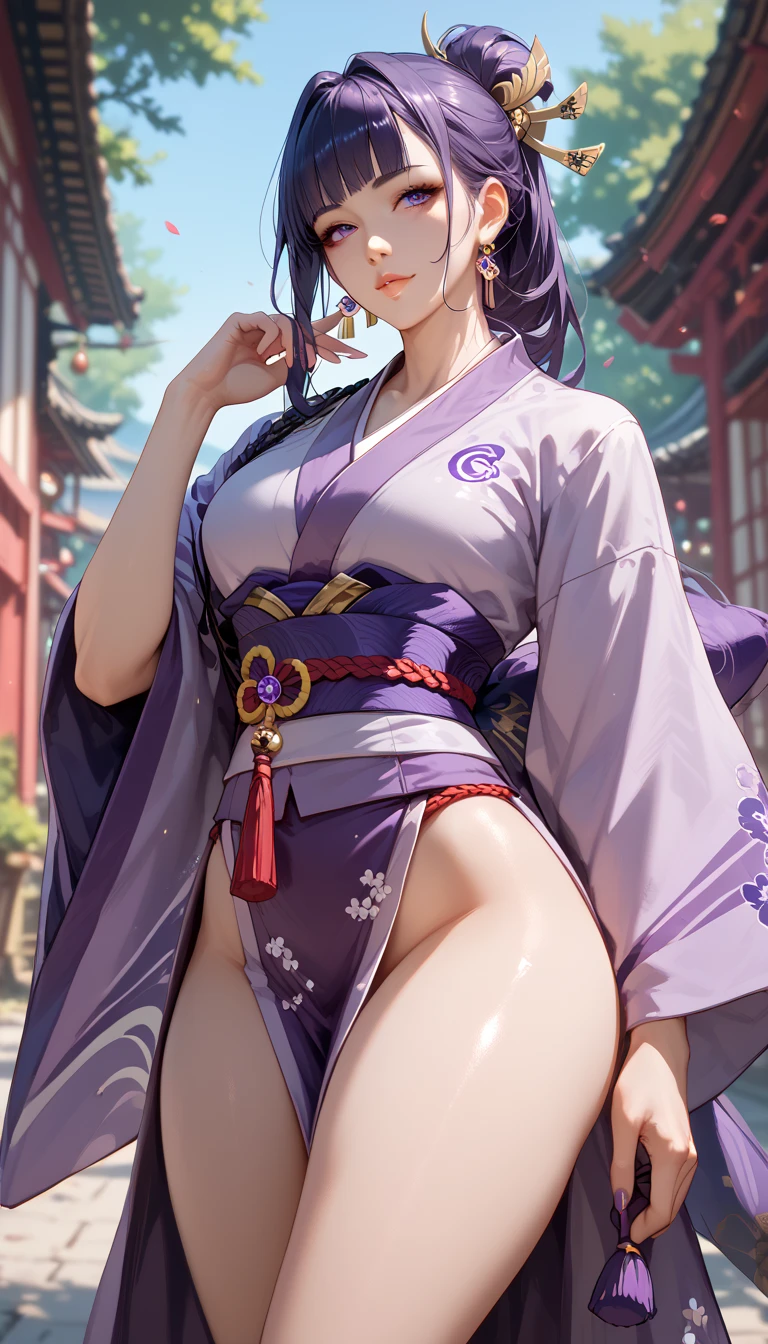 (((master piece1.5))),(hyper quality:1.5), Hyper Detailed,Perfect drawing,3D,16K Illustration,(((clearface)))Hi-Res,japanes,1 persons,adult lady,Beautiful skins,woman in kimono leaning against some trees with beautiful landscape background, 1girl, solo, navel, japanese clothes, panties, kimono, underwear, white panties, looking at viewer, hair ornament, blue eyes, flower, hair flower, night, wide sleeves, long hair, sash, cowboy shot, long sleeves, smile, obi, jewelry, floral print, east asian architecture, black hair, mole, mole under eye, outdoors, architecture, earrings(((beautiful kimonos))),((Luxury underwear)),(((Beautiful underwear)))Japan back ground,nice back
ground,((beatiful backgrounds))(((Detailed drawing))),Perfect Beautiful Girl,((Perfect Photo)),((emotional)),((Luxury)),spot light,、,Shion, Single Oni Horn, Purple hair, big breast, cleavage, purple eyes, ponytail