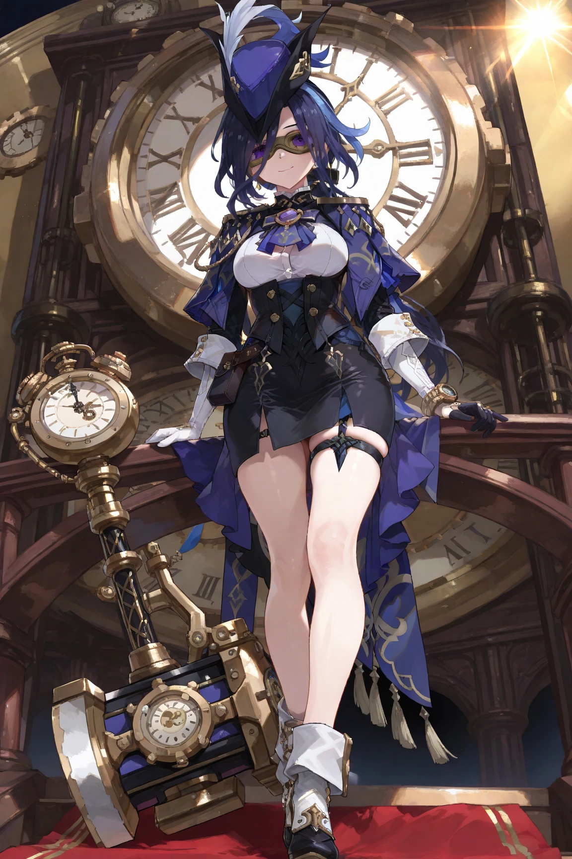 ((Highest quality)), ((masterpiece)), (detailed), One girl, sexy,A mysterious female wizard who controls time,The background features a mystical landscape and images of multiple clocks and compasses.