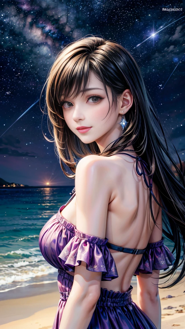 8k, masterpiece, RAW Photos, highest quality, Realistic, Very detailed, Depth of written boundary, Cinematic Light, Anatomically correct body,
One beautiful 40 year old woman, (Very beautiful face:1.3), (Exquisitely detailed face:1.3), (A seductive face:1.2), (Very sensitive skin:1.3), Transparent muscle, Shiny white skin, Glamorous Body,
(Wavy black long hair:1.2), (Sexy Breasts:1.1), (Sexy ass:1.1),
(White Lingerie:1.4), (Detailed cloth texture:1.2), (Gorgeous necklace:1.1), (Gorgeous earrings:1.1),
(Dark starry background:1.4), (Milky Way:1.1), (milky way:1.1), (shooting star:1.1), (Dark coastline at night:1.4), (Pitch black sea surface:1.4),
(Standing on the beach:1.2),