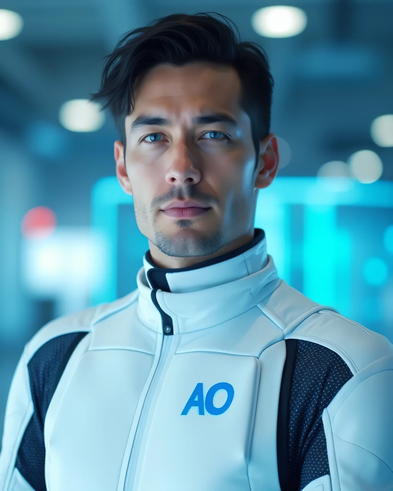 body suit, white and blue suit, futuristic suit, white gaunlets, skin tight bodysuit, toned male, ager, young male, futuristic face mask, bodysuit, futuristic, sci fi, toned male, hands visiblr, hair visible