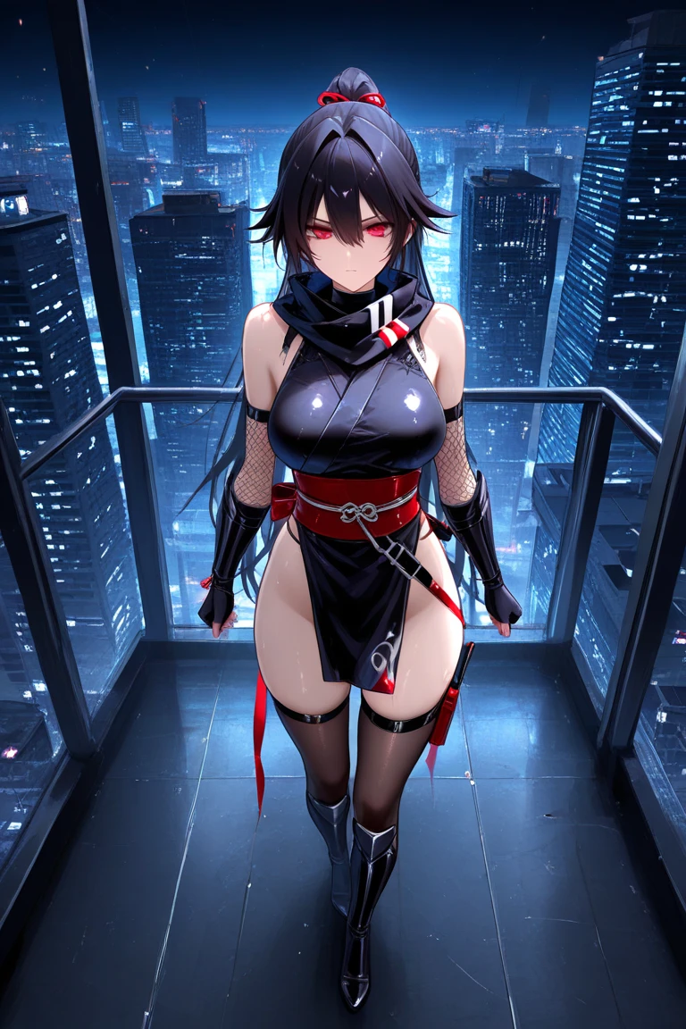 Black Hair、Red Eye、ponytail、One Woman、solo、Ninja、Black clothes、No sleeve、Big Breasts、Short girl、、Thin limbs and hips
