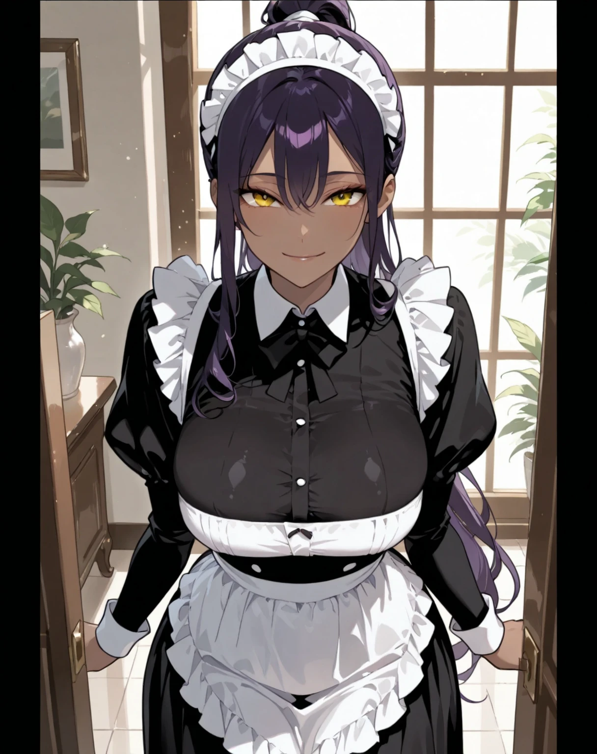 (((Masterpiece))),(((best quality))), solo,1girl,Maid outfit, black hair, purple eyes,large breasts,clevage,expressionless