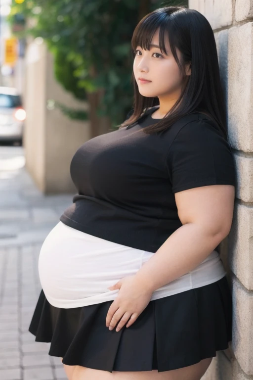 masterpiece, best quality, live action photo, (140kg extremely obese woman:1.3), large stomach, lateral view, side view