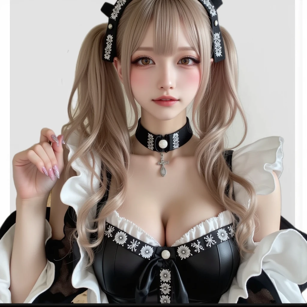 (8k, RAW photo, best quality, masterpiece:1.2), (realistic, photo-realistic:1.4), (extremely detailed 8k wallpaper), sharp focus, depth of field, blur background, bokeh, cinematic lighting, soft light, break,
(close up:1.2), break,
walking, (Seductive pose:1.5), break,
1girls, solo, upper body, break,
long hair, large breasts, red eyes, very long hair, bangs, twin tails, ribbon, (grey hair:1.3), cleavage, hair ribbon, two-tone ribbon, between breasts, break,
(black dress, two-tone dress), dress, frills, bare shoulders, frilled dress, long sleeves, jewelry, earrings,
