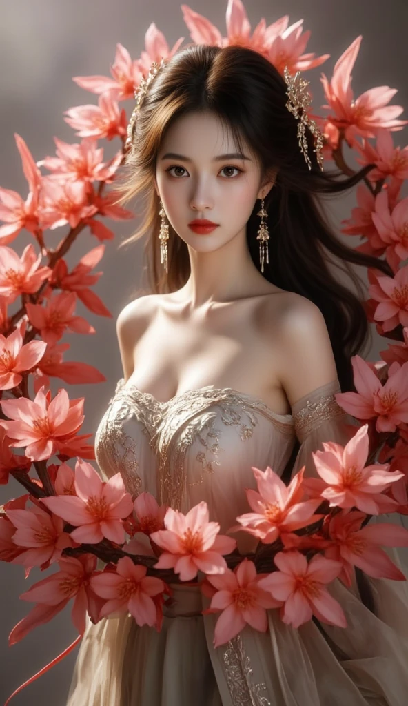 (Best quality,A high resolution),Sexy woman,Sexy lace clothing,Open V-neckline,Bright red peony flowers bloom,Subtly reveal the texture and complexity of the petals,A pair of glowing angel wings, Fire red high heels, cinema shot, A playful twist, centered composition