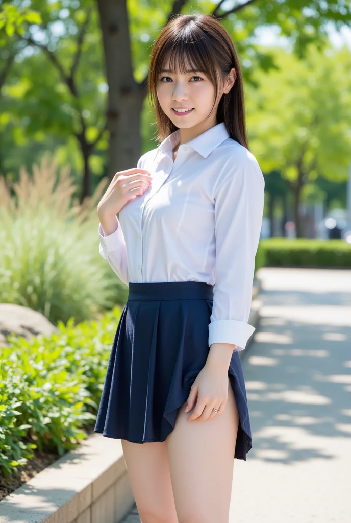Pure Japanese school girl, no makeup, thick eyebrows, wearing uniforms, sneakers, natural hair styles, pure smile, natural body, beautiful legs, shiny white skin, refreshing in early summer morning sunlight, feeling soft breeze in hair, sitting on Bench in parks, lift up skirt, (panty), (pantyhose), sweet temptation, sexual attractive, professional portrait photography,