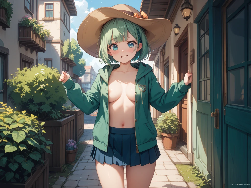kiriko overwatch , thighs, full body, high heels , nude , wide hips, green hair, medium tits, sitting, pussy