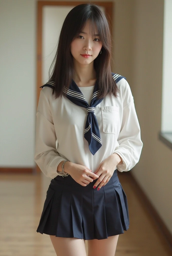 ((highest quality、8k、masterpiece:1.3)),((((cowboy shot)))),Ultra-high resolution,big eyes,Japanese,bangs,(a girl),(1 girl),((20 years old)),((facing at viewer)),(long hair),(((black sailor uniform))),grin,((sitting on chair)),(pleated mini skirt),(((pussy))),((pubic hair)),((skirt lift))