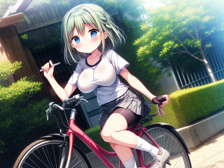tsukishiroyoko, Green hair, long hair, Blue eyes.,, large breasts,  solo ,16years old, naked, nsfw. Riding a bike, Expressway