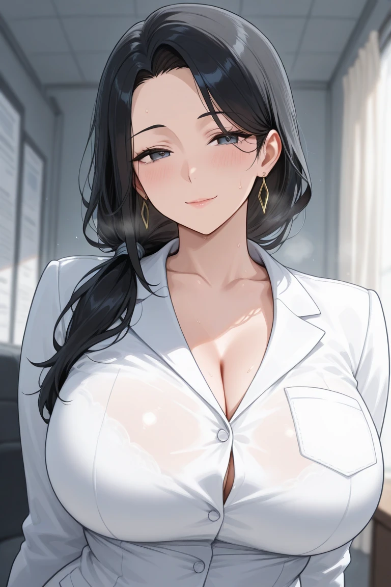 8k quality，Ultra HD，Stunning mature beauty,Intellectual elegance，((White doctor&#39;s robe)),Brown hair,(best quality,masterpiece:1.2),1lady solo, sitting, (looking at viewers), (white lab coat) stylish outfit, mature female, /(dark brown hair/) bangs, kind smile, (masterpiece best quality:1.2) delicate illustration ultra-detailed, large breasts, pantyhose, /(stethoscope around neck/) BREAK (hospital examination room) indoors, work desk, detailed background