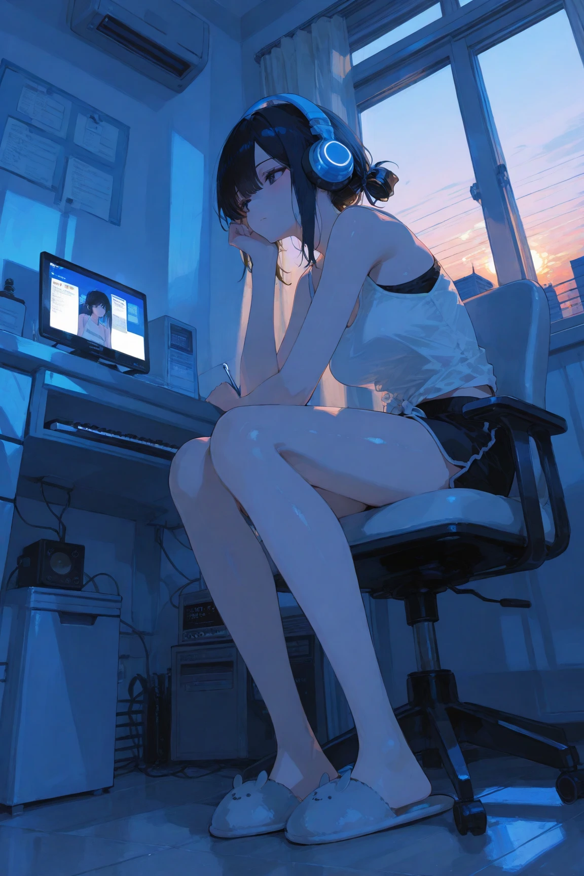 anime girl sitting in chair with headphones on looking out window, Watching the sunset. anime, makoto shinkai cyril rolando, Landscapes by Ilya Kuvshinov, 4k anime wallpaper, anime wallpaper 4 k, anime wallpaper 4k, Inspired by Atei Gailan, ultra hd anime wallpaper, Atei Gailan Style, anime art wallpaper 4k