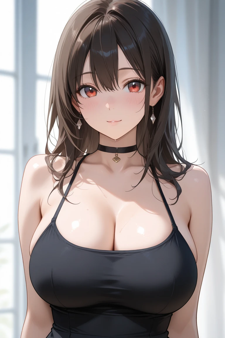 masterpiece, best quality,  <lora:cute2DStyle_10:0.7>, 1girl, arm_grab, bangs, breasts, choker, cleavage, ekz_(robotekz), english_text, large_breasts, looking_at_viewer, monochrome, open_mouth, original, profanity, red_theme, shirt, short_hair, sketch, solo, swept_bangs, t-shirt, v-neck, wall_of_text