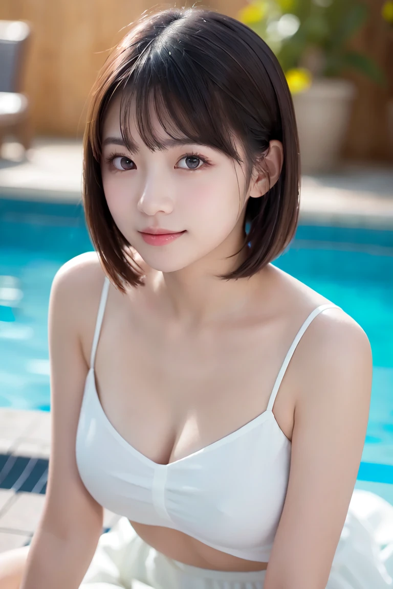 8K, Ultra-high resolution, Highest quality, masterpiece, 三分割法によるphotograph,Surreal, photograph, 1 girl, (16 years old:1.3), pretty girl, Cute face, Beautiful eyes in every detail, 細かくdetailedに,masterpiece,, One Girl:1.2, Japan Female Announcer,whole body,Young Wife,(Competitive swimming suits),Full of cleanliness,A carefree smile,Healing the heart,short hair,Looking at the audience、beauty,Long neck、Laugh a little、Please close your mouth and laugh、(((Ideal body type))),A-cup small breasts :2,、Portraiture:2、Perfect Anatomy、鮮明なdetailed、detailed、Surreal、Light and shadow,Strong light