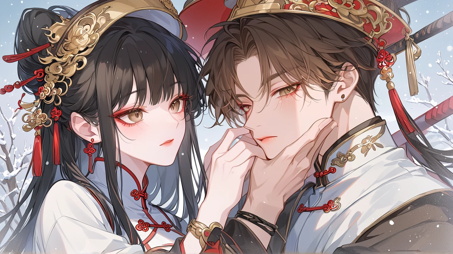Period drama manga style A 15-year-old super beautiful Chinese girl with black hair in a bun cut(1 person) She is wearing a royal long-sleeved Chinese dress She fights on the bed with the perverted old emperor She cries She is sexually assaulted and a fierce fight begins.