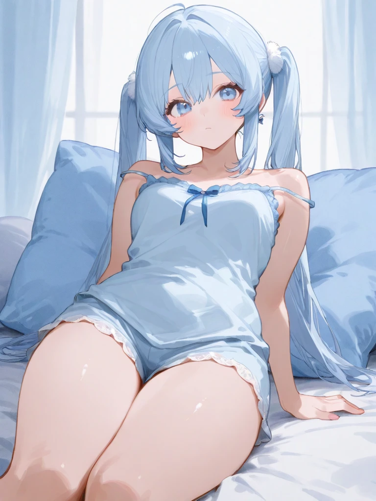Highest quality, Very detailed, ,((blush)),((((Backwards)))),Light blue short bob、Flat Chest,Small breasts,On a canopied bed、Sleep on your back、dizzy、White liquid on thighs、White liquid on the face、Touching her lower body greedily,White liquid in the abdomen,Shaking knees、Getting drunk and being bold,Bring one hand close to your mouth,Spread your knees,A used condom lies in front,Baggy button-up shirt,Fisheye Lens,The bra is too loose and doesn't fit,Enlightenment、