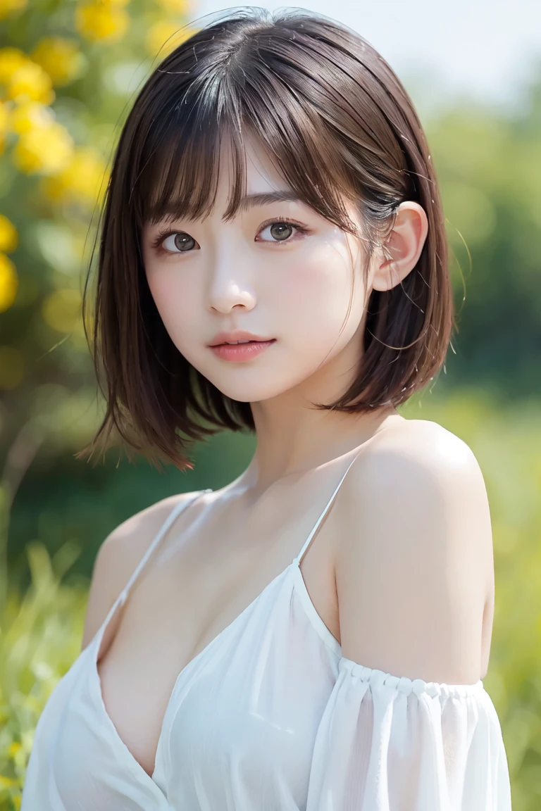(half body shot), hyper realism, (Photoreal:1.4), 8K, maximum resolution, (masterpiece), very detailed, highest quality, sophisticated facial features, The most beautiful woman in Japan, Detailed beautiful eyes and lips, Canon R5 50mm, Nogizaka, (japanese idol:1.3), big breasts, vintage polka dot tee dress, sweet, retro, Soft afternoon sunshine, cozy garden environment,