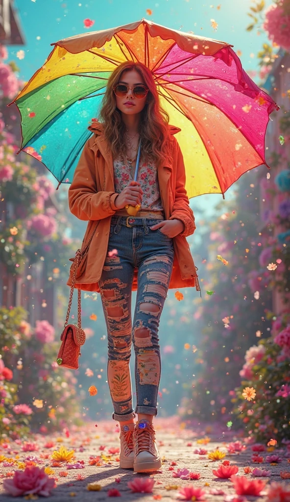 Girl, 15 years old, full body, in a long Red dress, wearing boots, a denim jacket, brunette with short curly hair, green eyes, freckles on her face, bottom-up camera angle, background Brightly colored flower garden, rainy weather, 8k HDR, ultra realistic