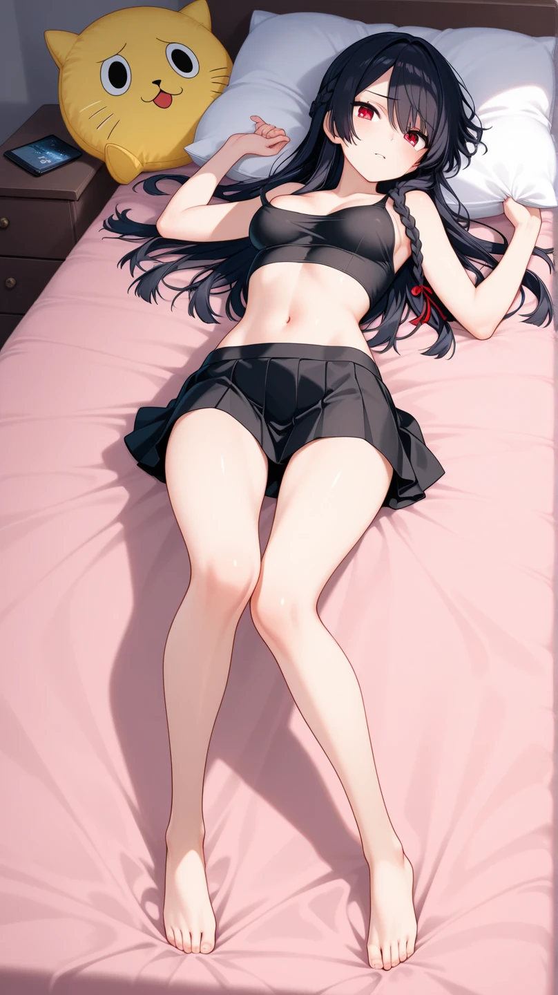 Sleeping, lying down, eyes closed, black panties, panty shots, panties, mini skirts, black tank tops, masterpieces, very fine and beautiful, from the side, buttocks