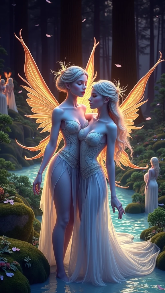 (two subjects)(complex details)(a very high quality,4k,8k,highres,masterpiece:1.2), ultra-detailed, realistic, photorealistic:1.37, HDR, UHD, studio lighting, extreme detail description, professional, vivid colors, bokeh, portraits, landscape, fantasy, sexy, Malaysian, damsel, hijab, sheer, open, translucent dress, big breasts, cute face, unshaved pubic area, pets, kisses, fantasy unicorn, elven glade, moonlight