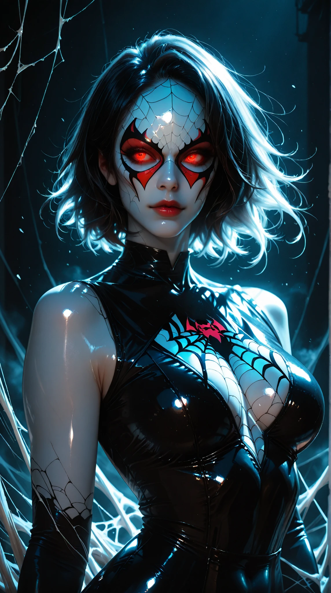(Realistic:1.5), (((editorial photography))), (((extremely detailed))), ((masterpiece)), (gorgeous gothic woman in black red spider's web), dramatic lighting, (cinematic light:1.1), full body, (cute sexy:0.8), (cute face:1.2), Pleasure, faded colours, depth of field, 35 mm, analog photo style, gothic background, red splash particles with small luminism, spiders around, sunset, red dawn, dark atmosphere, medieval, intricate hair, inricate small details, (pale skin), hair ornament, long black hair, (fantasy world), (textured skin:1.4)