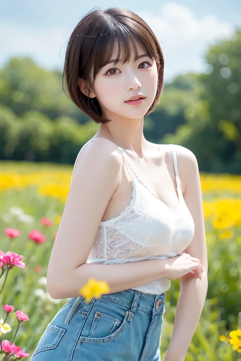 A japanese woman kneels in a park where white clover blooms all around, a forest can be seen in the background, mountains can be seen further back,elegant and intellectual, confident and generous,fresh, gentle, exquisite and beautiful face, exquisite collarbone, seductive and delicate collarbone, charming fragrant shoulders, shoulders slightly exposed,  in a strapless white bikini, short skirt, pretty face, peach Red lips, tender and smooth skin,white skin,black hair,bob hair,bob hair, short hair,smile with teeth, white teeth,very realistic details,  ultra-high resolution,bokeh,outstanding details, 8K